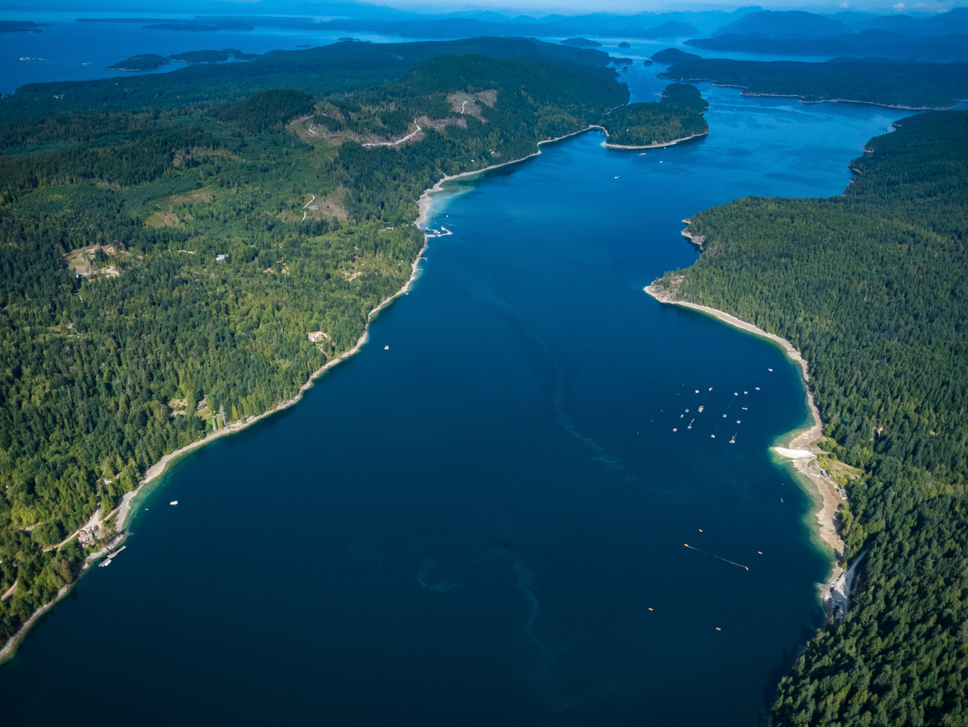aerial shot of Okeover Arm, British Columbia